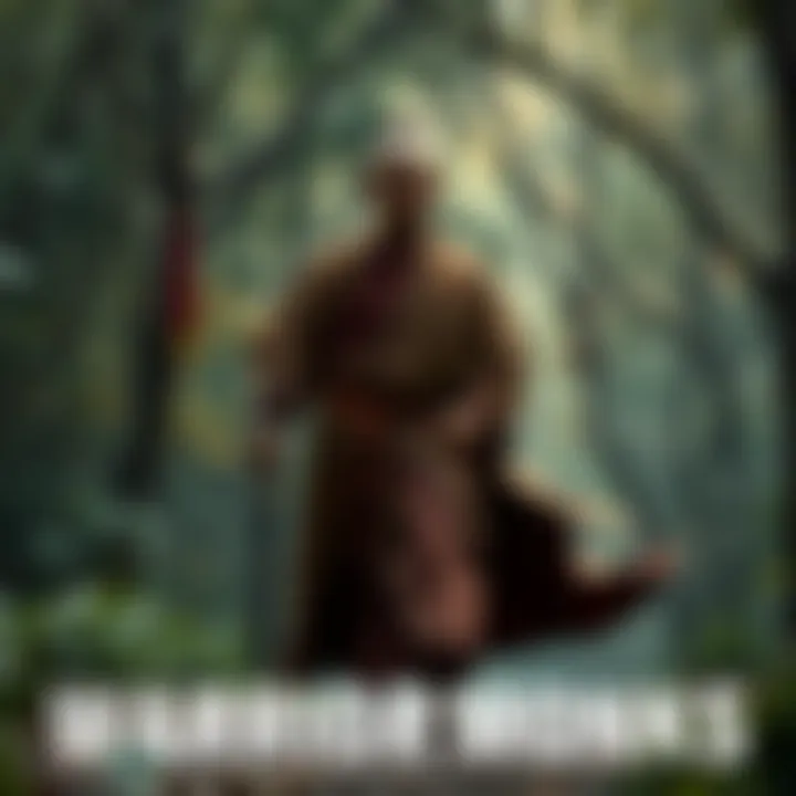 A warrior monk in traditional robes, holding a staff, stands ready for battle in a forested area.