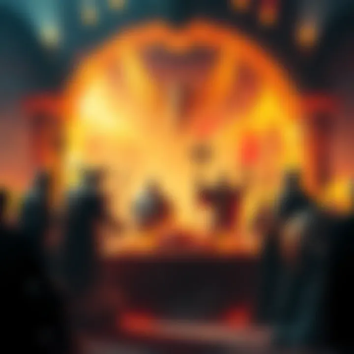 A depiction of Valhalla with warriors feasting and Helheim with shadowy figures, representing different afterlife beliefs.