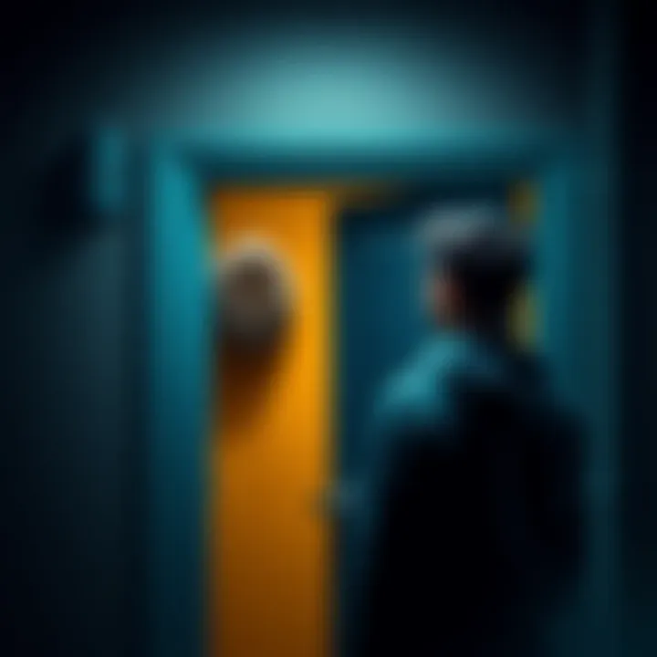 A person stands nervously at their front door, staring at a wasp nest on the wall, feeling anxious about the insects nearby.