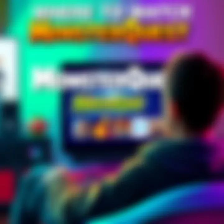 A person looking at a laptop screen with MonsterQuest episodes playing, surrounded by streaming logos