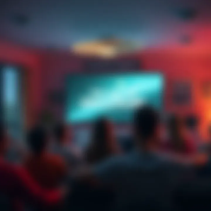 Watch Party for The Age of Disclosure A group of people gathered in a living room, excitedly watching The Age of Disclosure on a large screen, discussing UFOs.