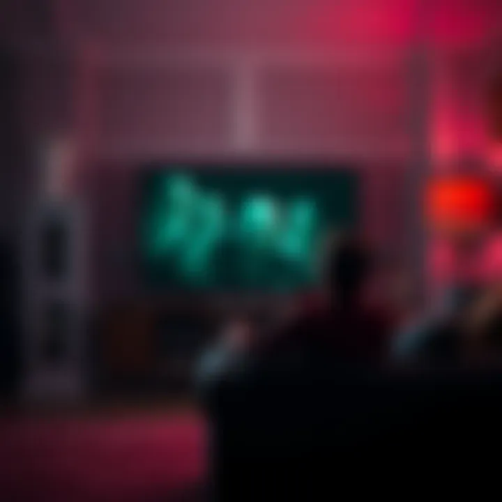 A person sitting on a couch, looking uneasy while watching a spooky show on TV, with dim lighting and shadows around the room