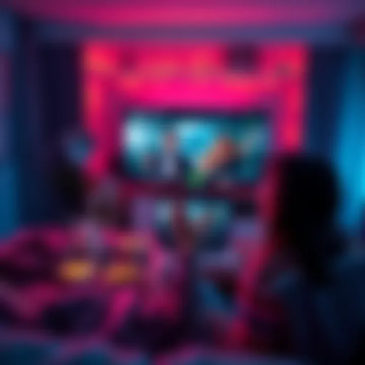 A person using a laptop to watch a TV show on a streaming platform, surrounded by snacks and a cozy atmosphere.