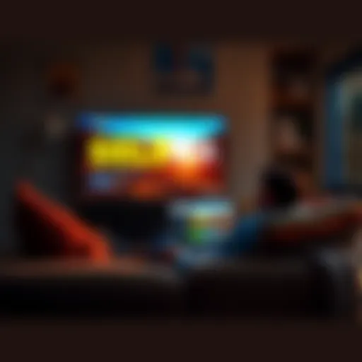 A person sitting on a couch, watching Gold Rush on a TV screen with a laptop open to Daily Motion, expressing enjoyment.