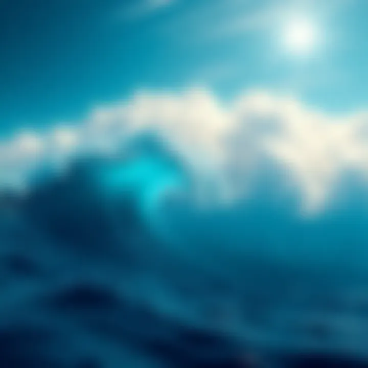 A symbolic representation of water signs and air signs in harmony, showing waves and clouds intertwined, illustrating their attraction and fleeting relationships.