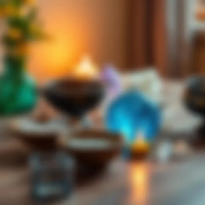 Water Divination Tools A collection of water divination tools like bowls and crystals on a wooden table, with a small candle glowing nearby