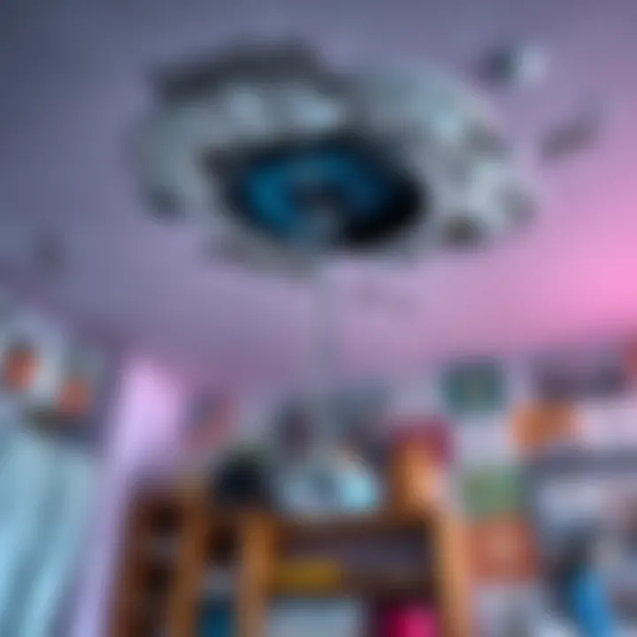 A close-up view of a water leak from a ceiling, showing water droplets and damage, with a background of various household items.