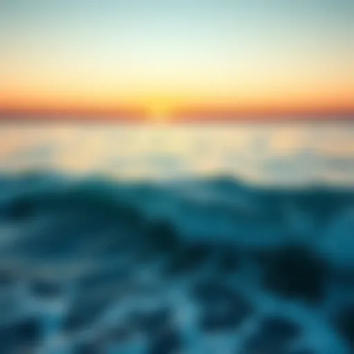 A serene ocean scene representing the emotional depth of Water Moon signs like Pisces, with waves softly crashing on the shore and a calming sunset in the background.
