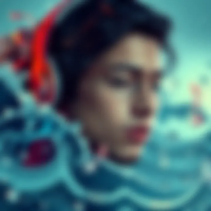 A person with water sign characteristics, deeply immersed in music, showing a range of emotions while wearing headphones, surrounded by a calming atmosphere of waves and water motifs.