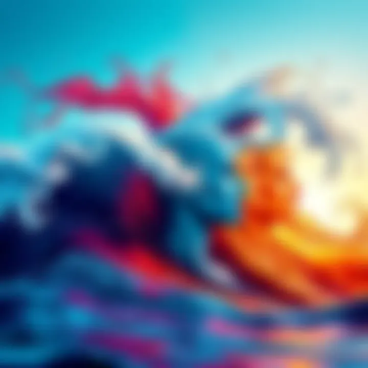 A group of water signs depicted as colorful waves symbolizing their emotional depth, with a mix of vibrant and muted colors representing positivity struggles.