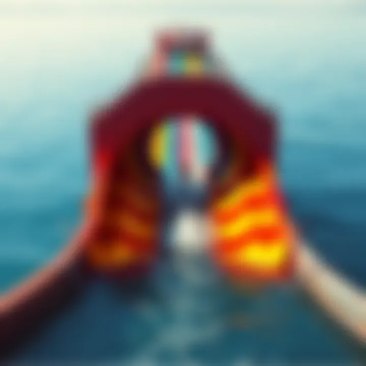 A colorful water slide leading to a serene body of water with inviting figures waiting at the edge.