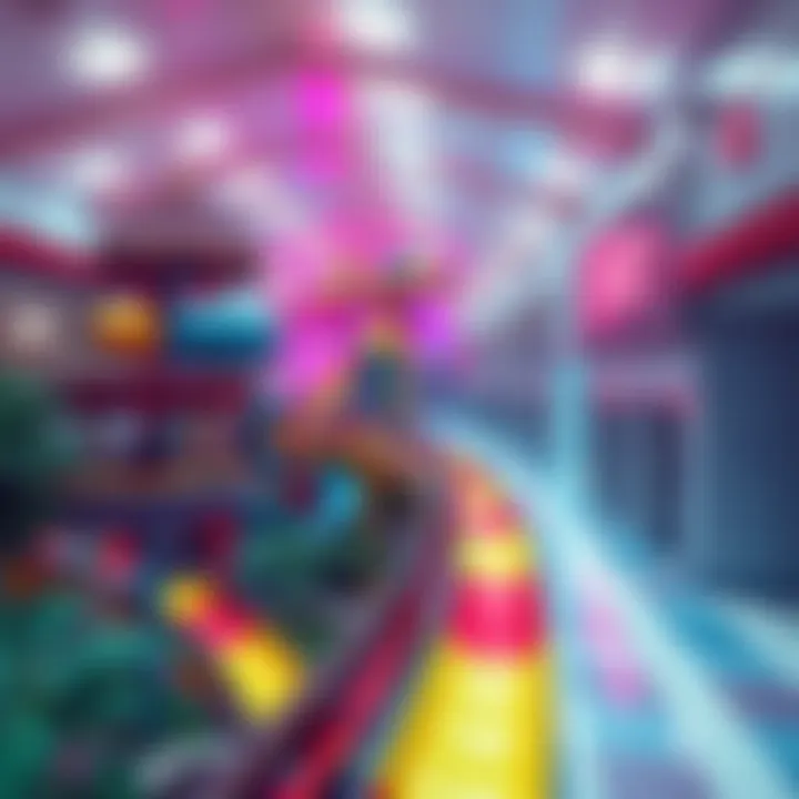 A surreal rollercoaster pathway linking a vibrant waterpark with a hospital, featuring water slides and sterile hospital corridors.