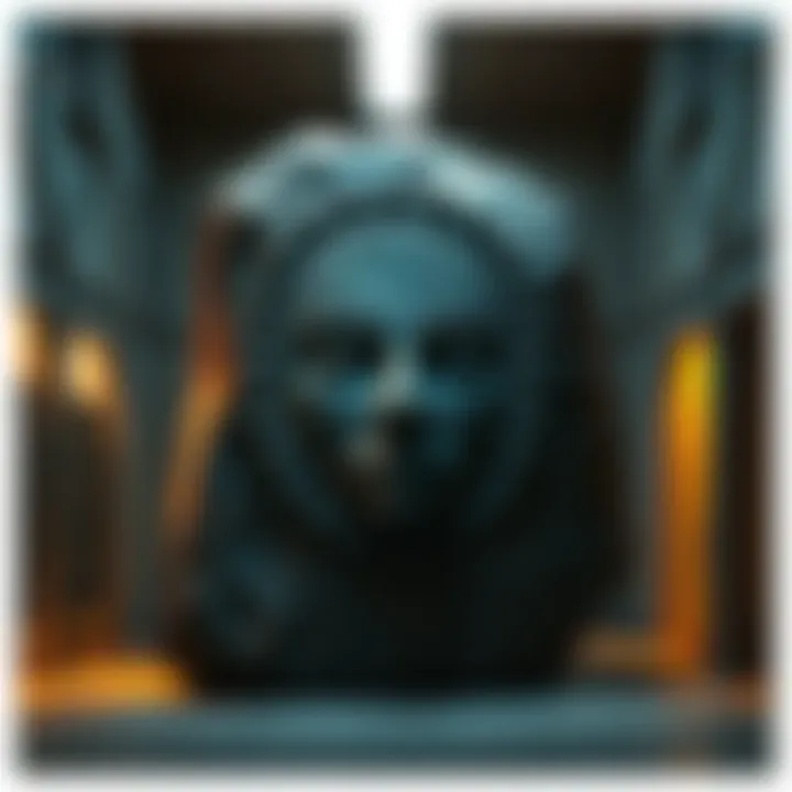 A large stone with a carved face displayed in a museum storage area