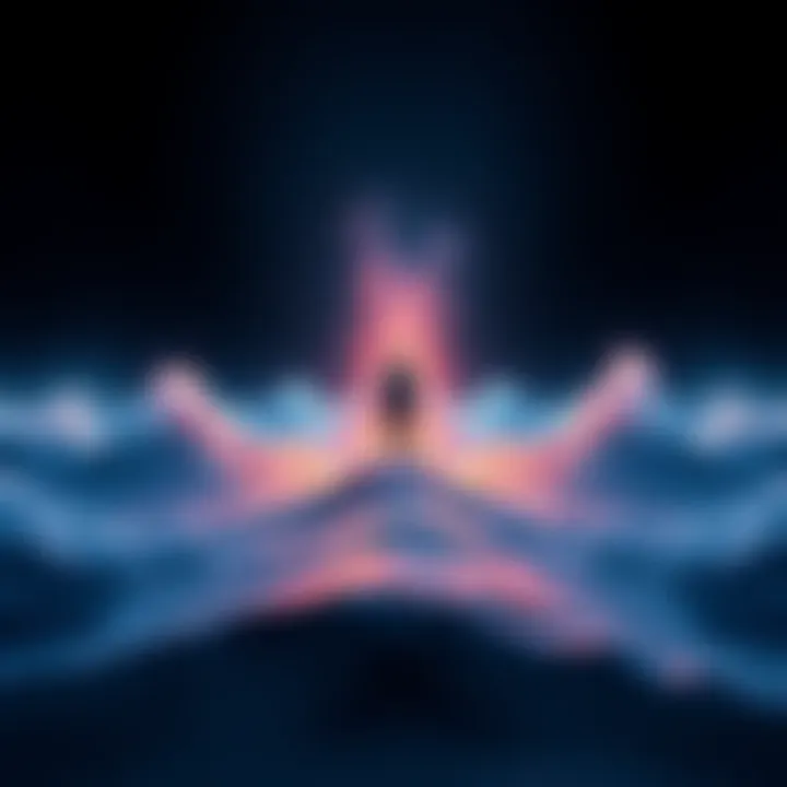 Wave Function Collapse An abstract representation of consciousness affecting a wave function, with visual waves transforming as a figure represents awareness.