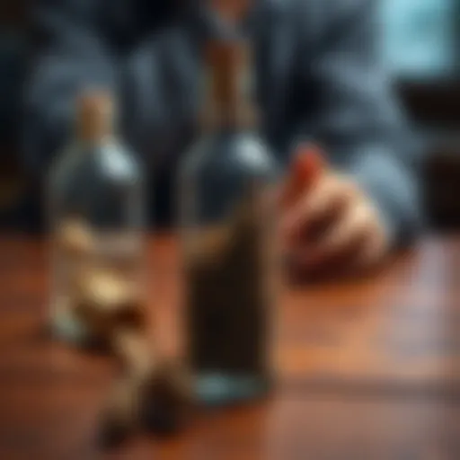 A close-up of a wax-sealed bottle containing dried herbs, sitting on a wooden table with a thoughtful person's hands nearby, contemplating its disposal.