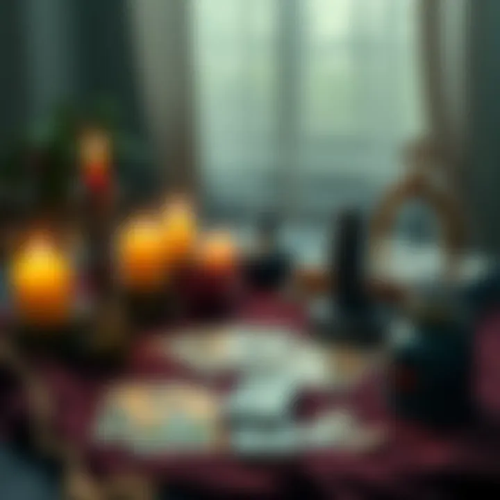 A welcoming setup for a Wax-Tarot reading session, featuring candles, tarot cards, and a wax figure symbolizing love stories.