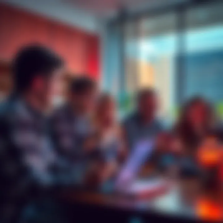 A group of people debating the Wayfair conspiracy theory with laptops and phones in a casual setting
