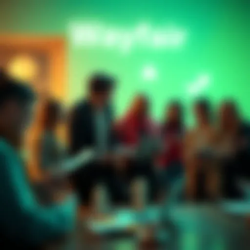 A group of people discussing the Wayfair conspiracy theory with laptops and notepads