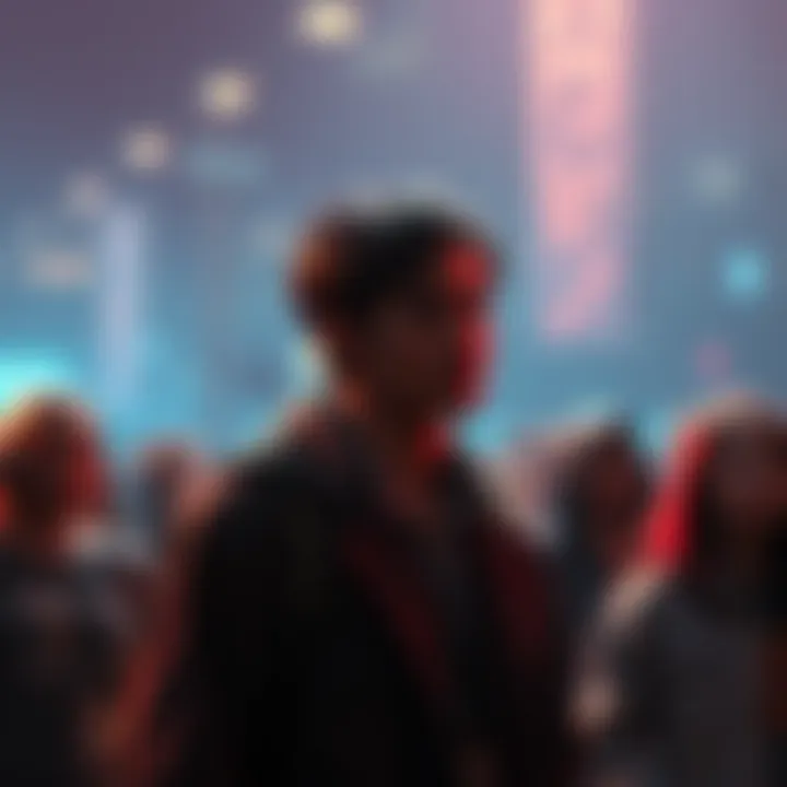 A gameplay scene from We Become What We Behold showing characters reacting to social events