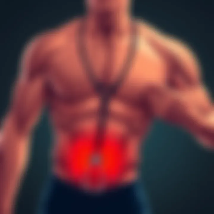 Illustration of a person demonstrating weak lat and tricep muscles while holding a stethoscope to their abdomen, showing a connection to spleen and pancreas health