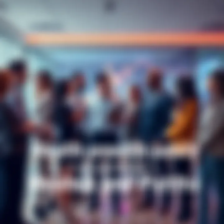 A diverse group of people in business attire discussing various career options and financial success paths in a modern office setting