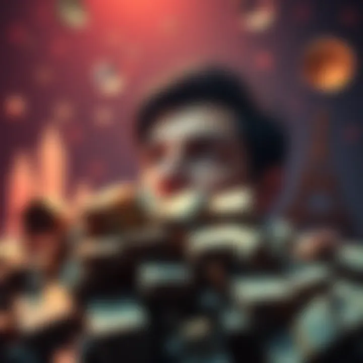 A person looking thoughtfully at a pile of money, surrounded by symbols of societal values like charity and family.