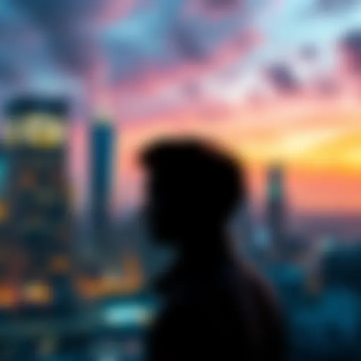 A person looking at a city skyline, symbolizing dreams of wealth and career success. They appear contemplative and focused.