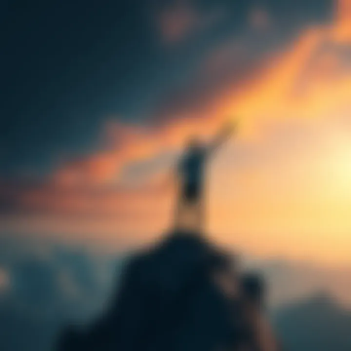 A person standing on a mountain peak, arms raised in celebration, symbolizing freedom and exploration associated with wealth.