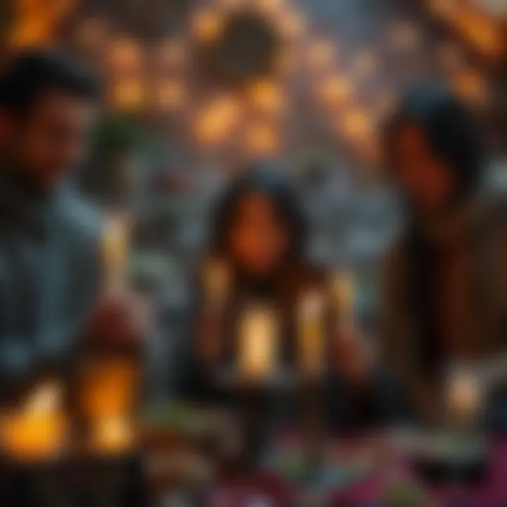 A family performing a wealth spell ritual with candles and herbs, aiming for prosperity.
