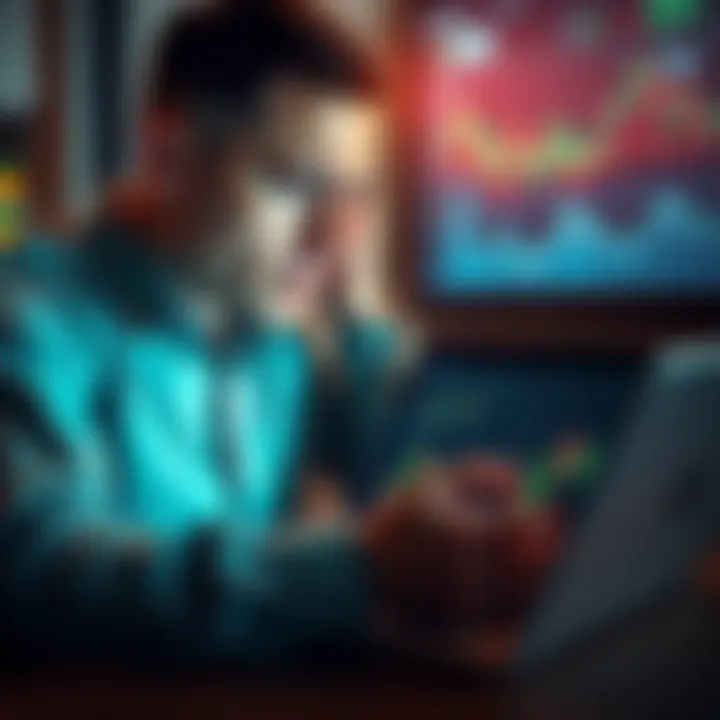 A worried wealthy person looking at investment charts on a laptop, highlighting the stress of financial success without joy