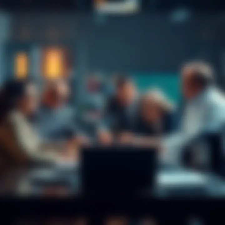 A group of affluent people gathered around a table, discussing plans with laptops and digital devices, suggesting a strategy involving artificial intelligence.