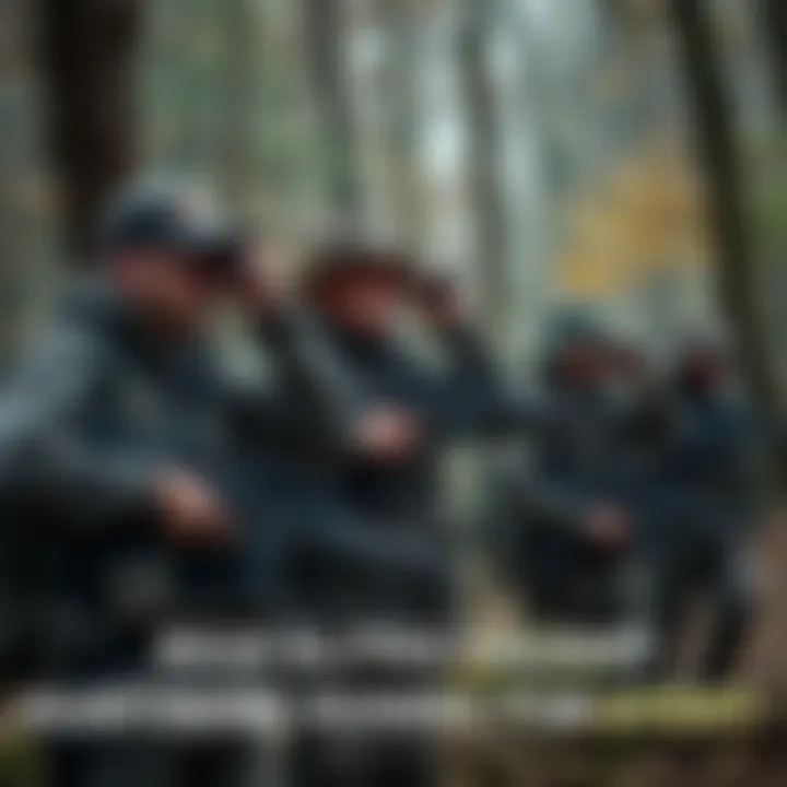 A group of wealthy individuals in hunting gear, standing ominously in a wooded area, armed with rifles and looking through binoculars.