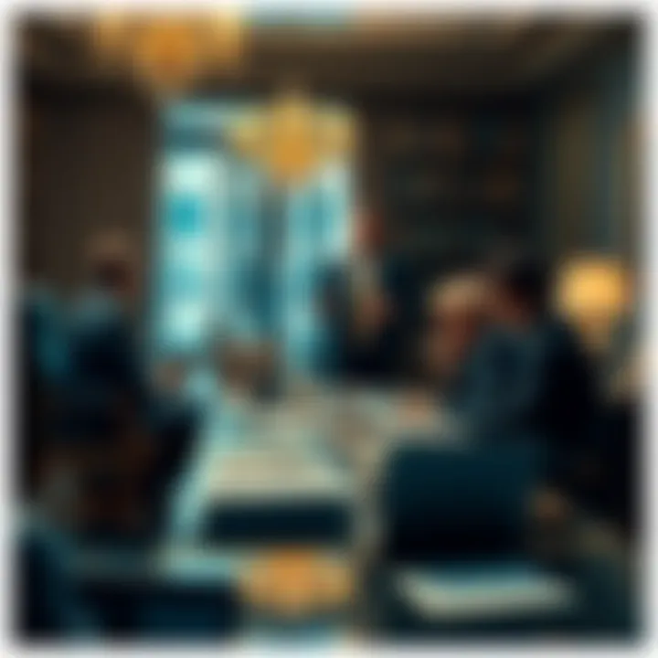 A group of wealthy individuals discussing in a lavish office, surrounded by technology and documents, highlighting their communication choices under surveillance.