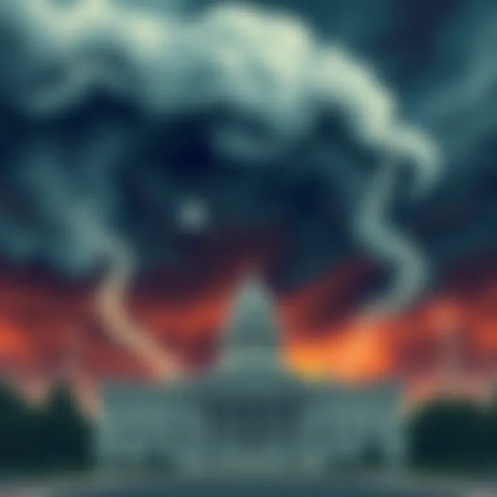 An illustration showing a stormy sky with ominous clouds and a government building in the foreground, symbolizing serious discussions about weather manipulation.