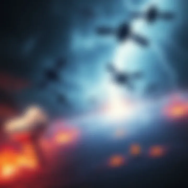 A chaotic scene of weather control satellites in the sky, with lightning, storms, and destruction below.