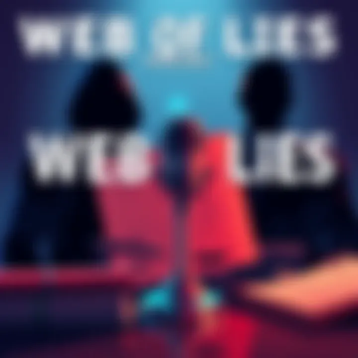 Cover illustration for Web of Lies Podcast featuring legal documents, a microphone, and shadowy figures representing Epstein and Maxwell