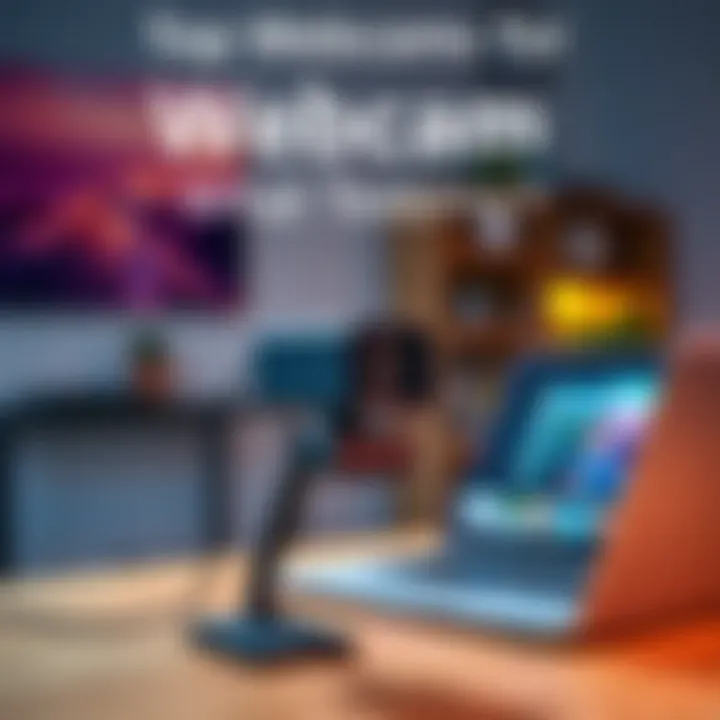 A high-quality webcam positioned on a desk next to a laptop, showing a clear image of a teacher during a Zoom session.