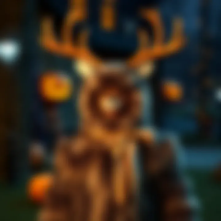 A person dressed in a detailed Wechuge costume featuring fur and antlers, standing outdoors with a spooky Halloween backdrop.