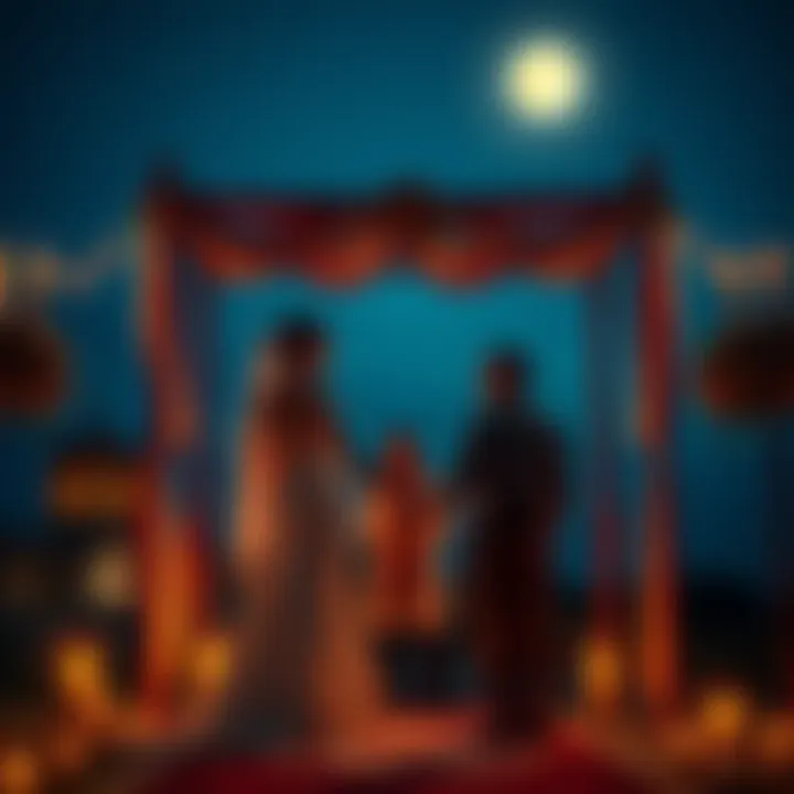 A couple stands under a decorated arch, holding hands while a person performs a ritual, with a full moon in the background.