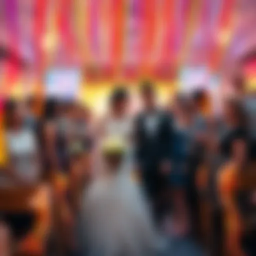 A wedding scene where guests are surprised by colorful silly string decorations instead of traditional elements, showcasing an unexpected celebration atmosphere