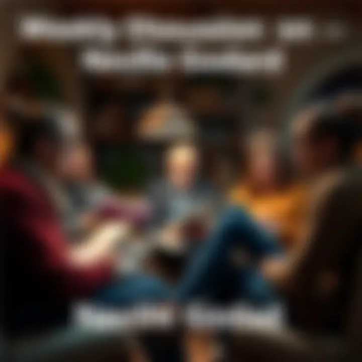 A group of people engaged in a lively discussion about Neville Goddard in a cozy setting, with some holding notebooks and others using laptops to share ideas.