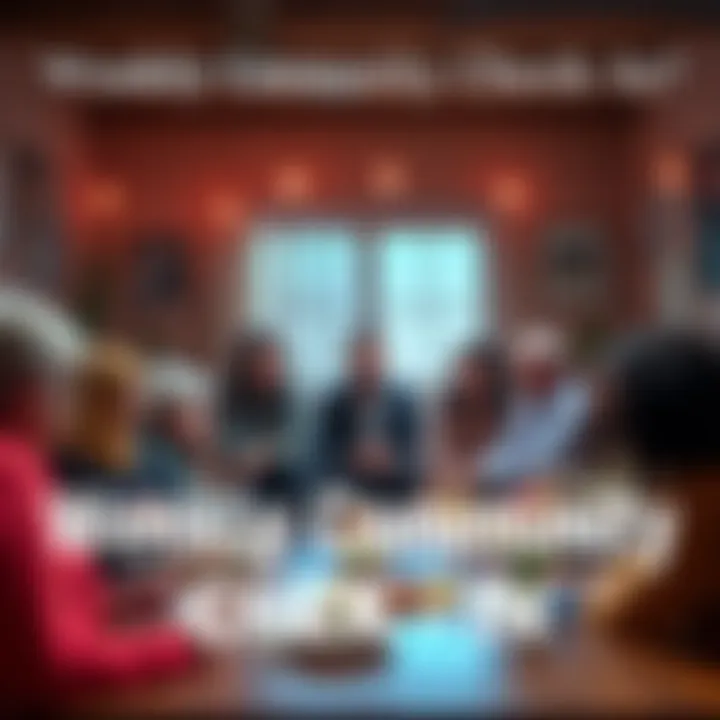 A diverse group of people discussing Hellenic beliefs and practices in a cozy setting