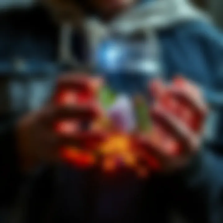 A person holding a spell jar filled with herbs and crystals, with a glowing aura around it