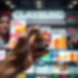 A person holding a weight loss pill bottle with advertisements in the background showing various weight loss drug promotions