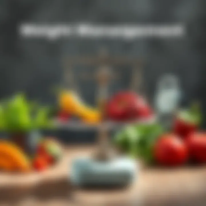 A balanced scale with various fruits, vegetables, and weights representing factors affecting body weight.