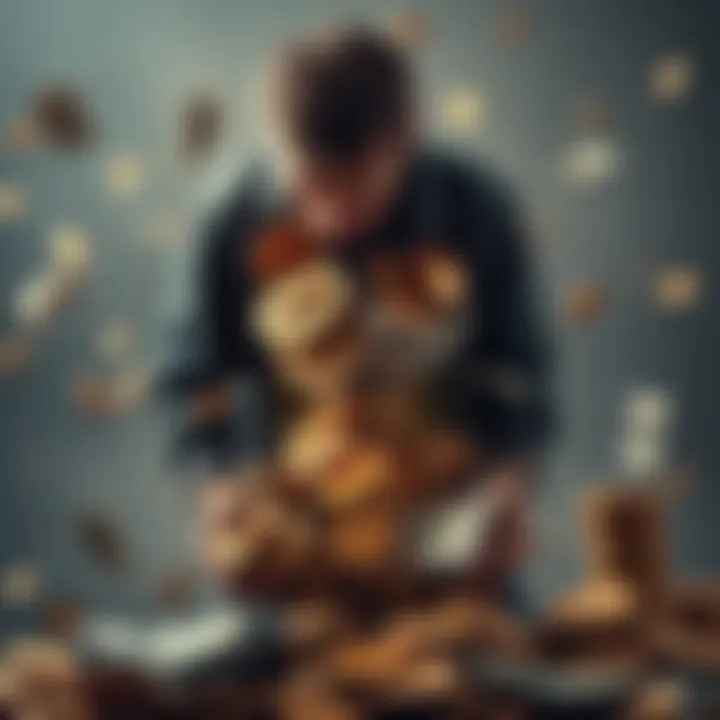 A symbolic representation of the burden of financial struggle, featuring a person weighed down by oversized coins and bills, contemplating their freedom.