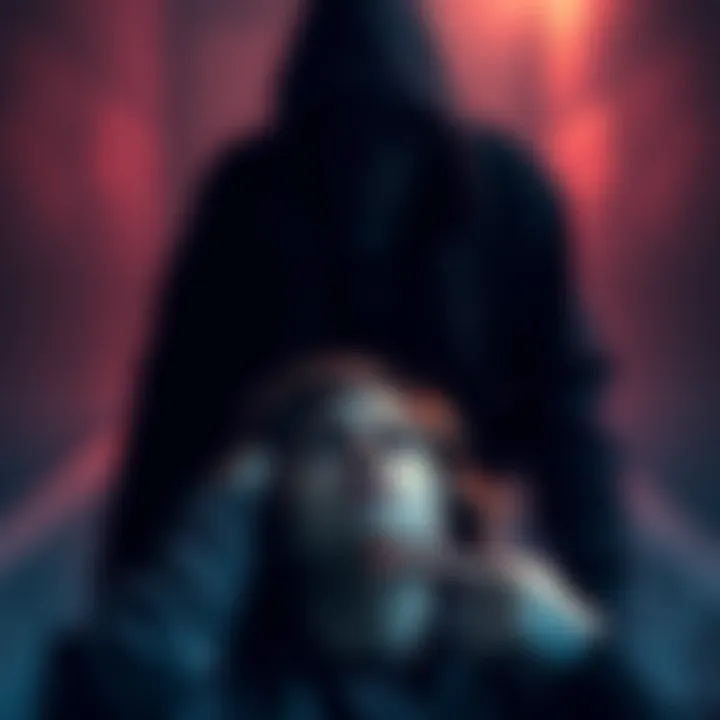 A shadowy figure representing online stalking looms over a terrified individual, symbolizing the psychological burden of harassment.