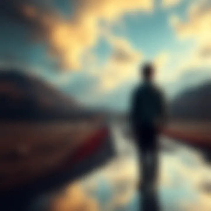 A reflective figure standing at a crossroads, symbolizing the struggle of mental health exploration.