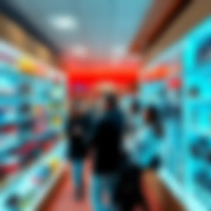 Wellness Center Displaying MLM Products A wellness center showcasing a variety of multi-level marketing products on shelves, with people looking at them curiously.