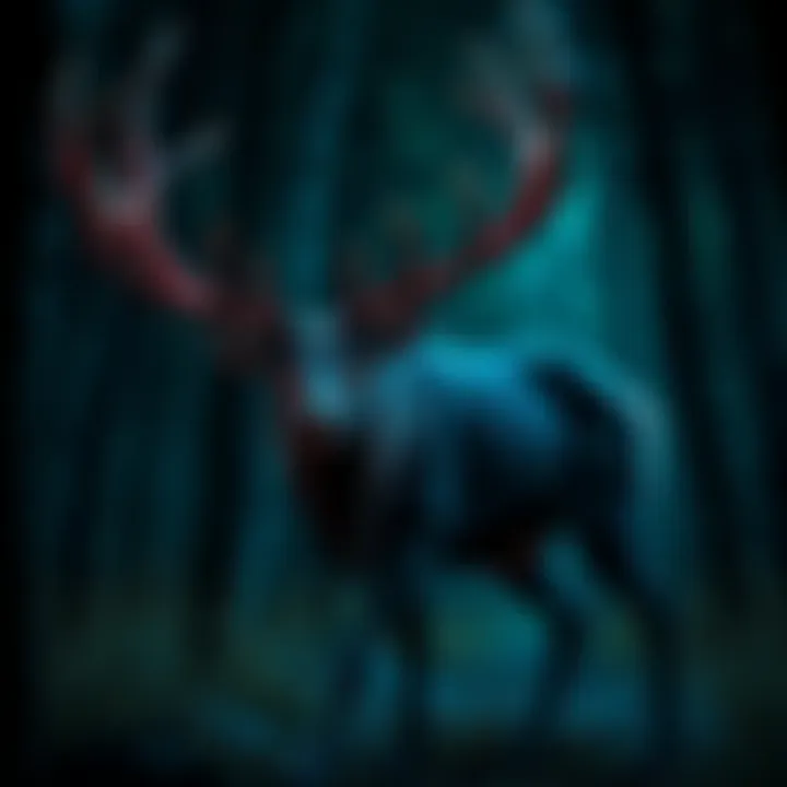 A fearsome Wendigo depicted as a deer-like monster with sharp antlers and glowing eyes, set in a dark forest